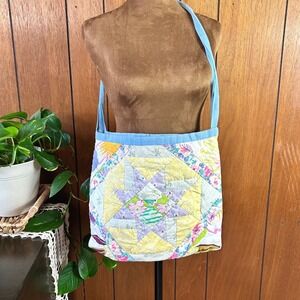 Vintage Handmade Quilted Star Patchwork Tote Shoulder Bag Yellow Cottagecore